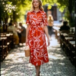 DKNY Dark Orange and White Leaf Print Midi Dress